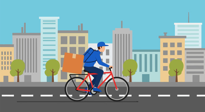 Delivery man on bicycle delivering package.
