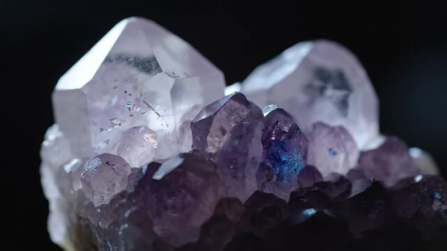 Close-up of amethyst crystal cluster against dark background