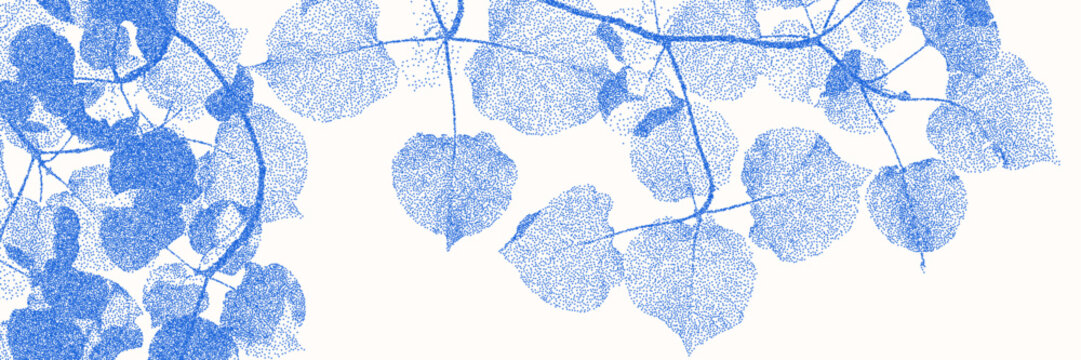 Cyanotype stipple birch leaves and branch overlay. Vector soft blue wallpaper for template, graphic design projects, artworks
