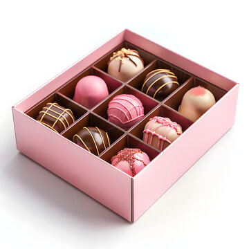 Premium assorted chocolate gift box in pink packaging isolated on white