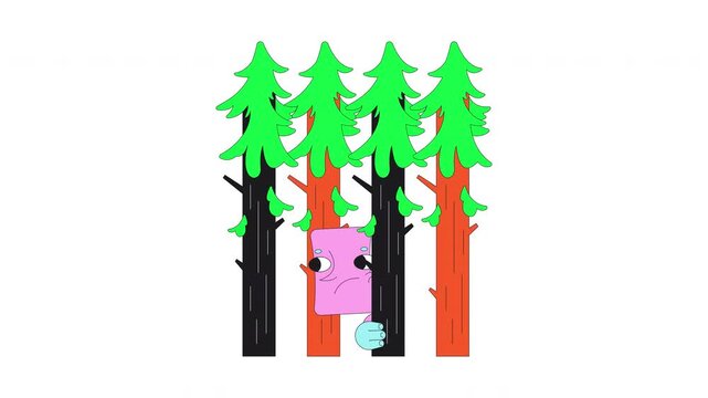 Lost in forest funky groovy flash message error animation. 70s characters hiding behind fir trees. Animated empty state. UI failure web design. Onboarding micro UX motion. Flat concept 4K video