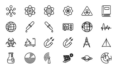 Modern outline science icons with molecule atom biohazard pipette radar solar panel and saturn thin line vector set © Lipi