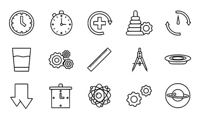 Modern outline icon set with clock timer gear atom saturn compass arrows and objects thin line vector design © Lipi
