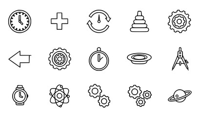 Thin line technology and time icon set with clock gear atom saturn compass and arrows outline vector collection © Lipi