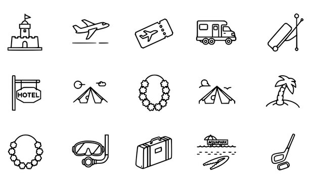 Modern travel outline icons with beach plane luggage hotel camping surfing and leisure thin line vector set