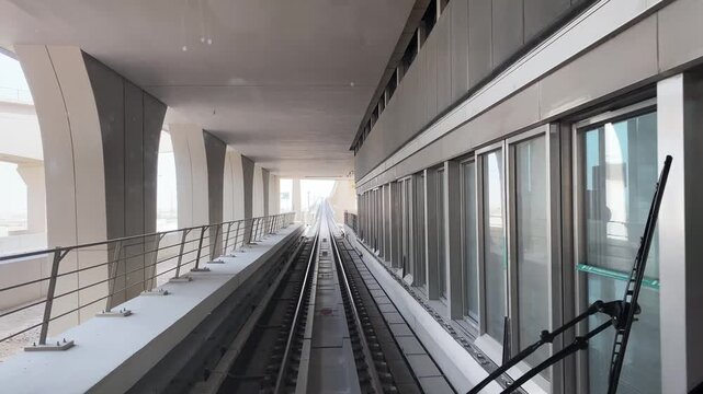 DOHA, QATAR - MARCH 10, 2022: First-person view from a metro train moving along elevated tracks in Al Wakra, showing urban transport infrastructure and desert surroundings. Editorial use only.