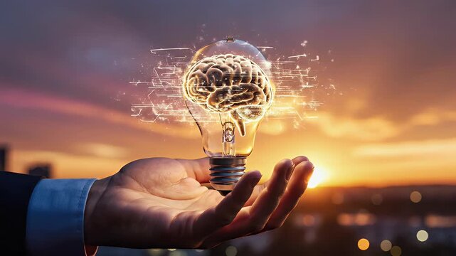 Hand holding a glowing lightbulb containing a brain against a sunset sky