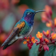 Fototapeta premium Vibrant Hummingbird Perched on Colorful Flowers in a Lush Garden.