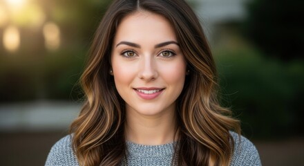 Obraz premium A young woman with long, wavy brown hair, wearing a gray sweater, standing outdoors with a blurred green background.