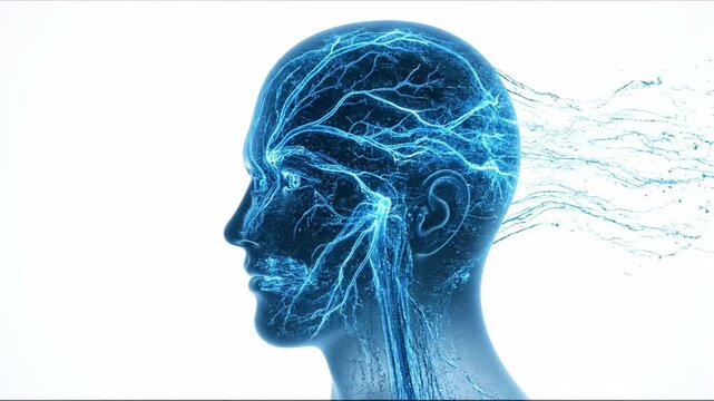 Futuristic human profile with glowing neural network and data streams showcasing digital technology. The image illustrates a head with electric connections and flowing data