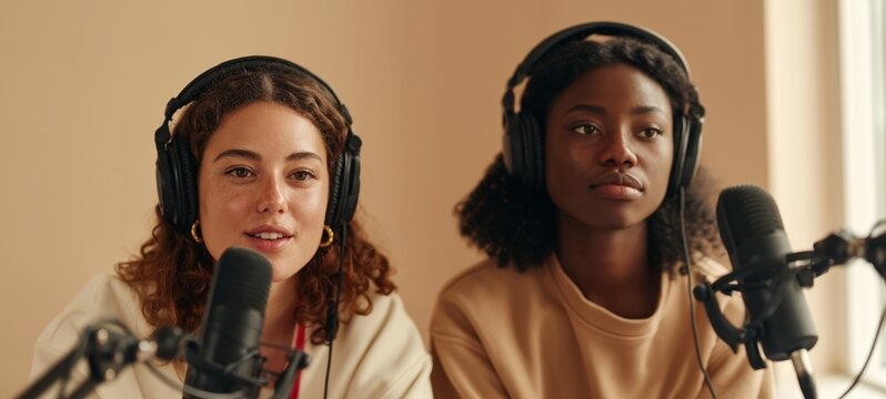 Two Women at a Podcast Recording Studio, Engaged in a Conversation.
