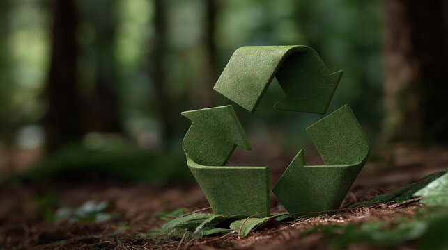 Eco conscious recycling symbol built from natural green elements standing in peaceful forest environment emphasizing sustainability waste reduction environmental harmony and future focused green