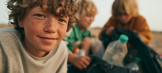 Obraz premium Families on a Beach Vacation, Smiling Children with Sand and Surf in the Background