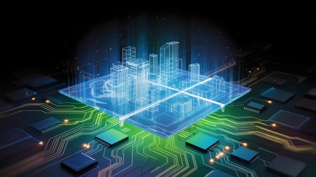 Smart city infrastructure model over illuminated circuits &ndash; Suitable for industrial automation, urban growth, or high-tech building.