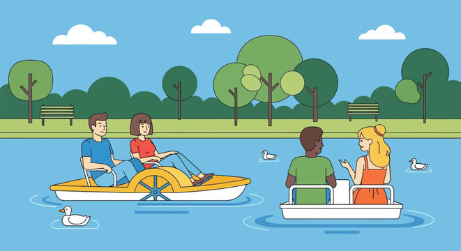 Couples enjoying a relaxing day on pedal boats in a serene park lake.