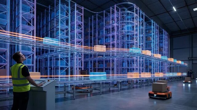 Man managing automated warehouse with robots and digital data paths for logistics and supply chain optimization