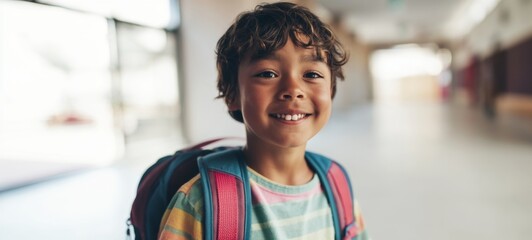 Fototapeta premium Young Boy Smiling at School Entrance with Backpack