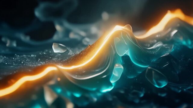 Amber light wave over aqua glass and crystal fragments