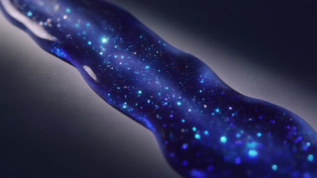 Blue galaxy liquid ribbon with glowing specks on silver