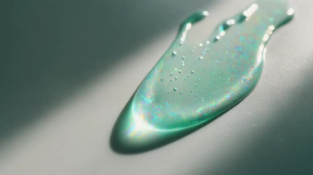 Mint green glossy droplet stretching under narrow spotlight
