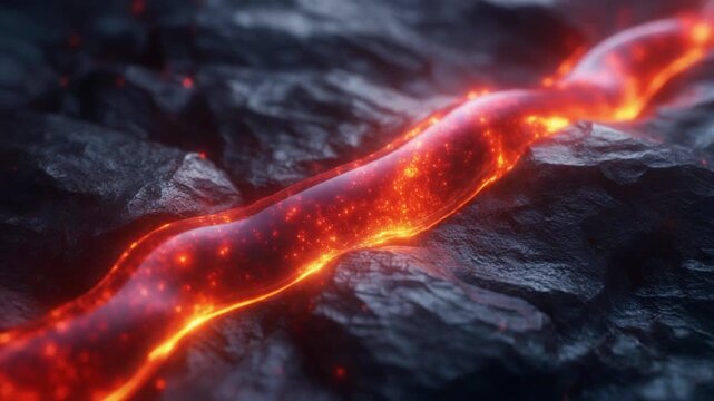 Fiery red orange molten stream over dark rocky texture
