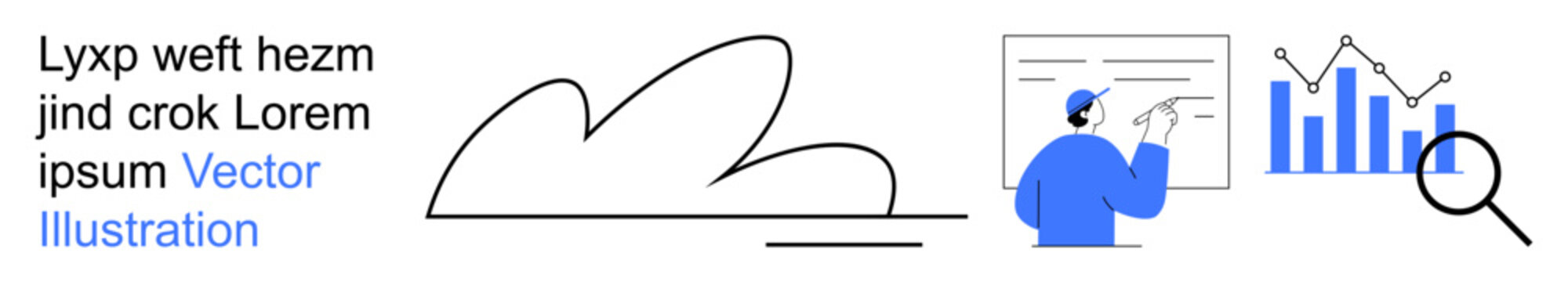 Business analysis, data research, performance tracking, statistics, insights, information sharing. Chart, magnifying glass person pointing at a presentation. Business analysis and data research