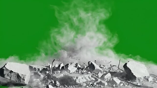 Explosive impact sends debris and dust flying against a green screen backdrop