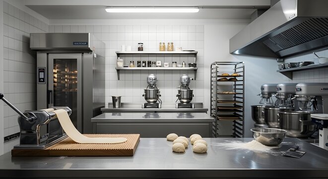 Baker prepares dough on a kitchen counter with industrial equipment nearby