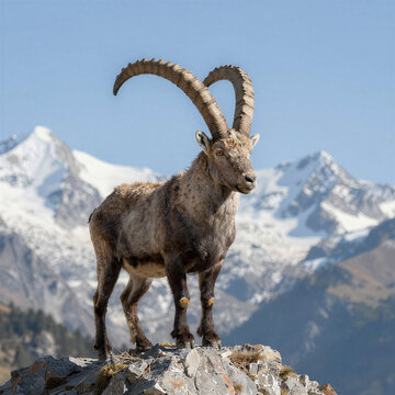 Alpine Ibex on Rocky Peak in Swiss Alps