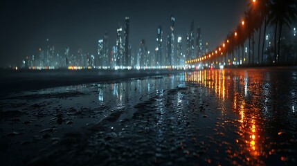 Fototapeta premium Night city skyline reflected on wet asphalt after rain wallpapers