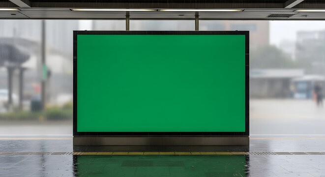 Large green advertisement billboard at urban bus stop with wet pavement and blurred city background.