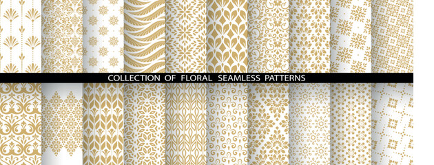 Fototapeta premium Geometric floral set of seamless patterns. White and golden vector backgrounds. Damask graphic ornaments