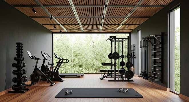A modern home gym with exercise bikes, dumbbells, and weights on a wooden floor, surrounded by large windows showing trees outside.
