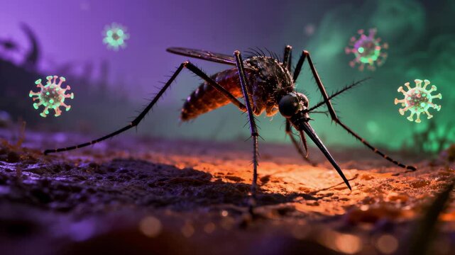 Macro mosquito carrying glowing virus particles. Insect spreading disease and infection in dark environment. Malaria, dengue or zika virus transmission concept