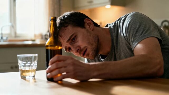 Drunk man lying head on table next to alcohol bottle. Exhausted male suffering from hangover in the morning. Alcoholism and depression concept