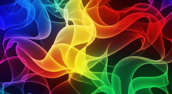 A vibrant, abstract rainbow-colored wave pattern against a black background.