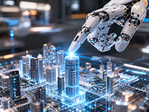 Robotic hand touching digital smart city architectural hologram model. Concept of Artificial Intelligence AI in urban planning, futuristic architecture, and property technology PropTech.