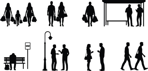 Large set of black silhouettes featuring people shopping, walking, standing at bus stops, waiting on benches, and talking together isolated on white background. © MSTSORIFA