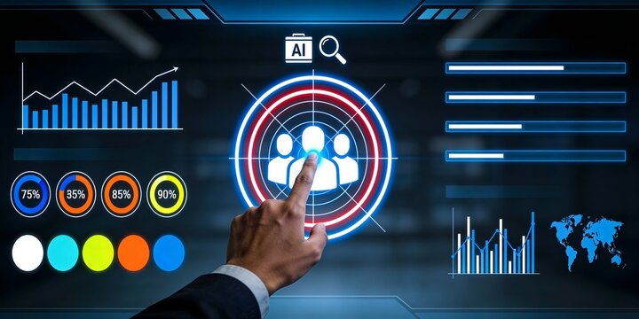 Business professional's hand is interacting with an advanced holographic interface displaying various charts, data points, and a central user group icon, indicating strategic analysis.