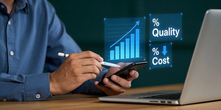 Businessman uses his smartphone with a stylus, observing holographic charts displaying increasing quality and decreasing cost metrics, signifying optimized business efficiency and smart management.