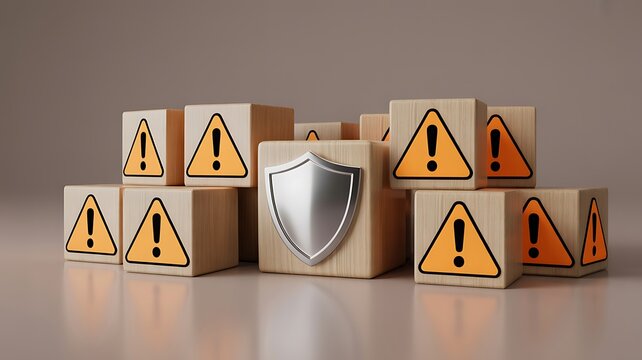 Wooden blocks with yellow warning triangle exclamation mark icons surrounding a silver shield, symbolizing protection and caution, danger sign