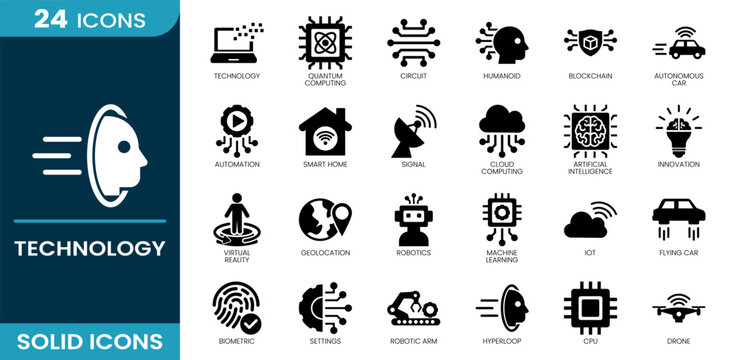 Technology icon set. Quantum computing, circuit, humanoid, blockchain, autonomous car, smart home, cloud computing, artificial intelligence, robotics, drone and more. Solid vector icons collection.