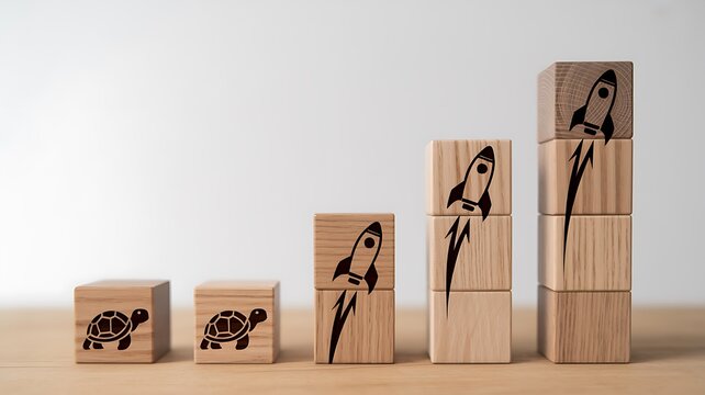 Wooden blocks arranged in ascending bars showing a turtle icon and then rocket icons, symbolizing slow start to rapid progress, bar chart