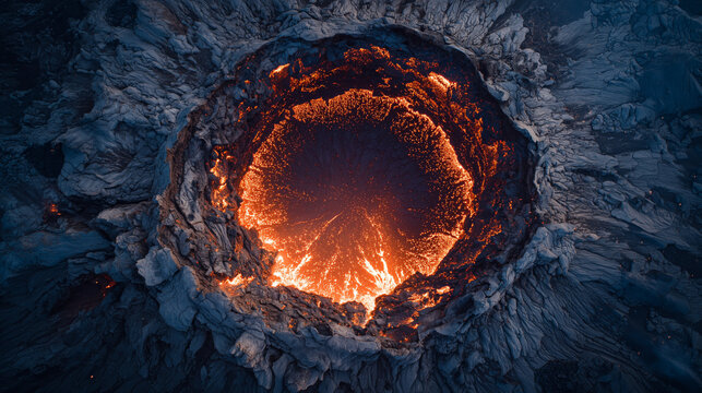 Aerial view of a volcanic crater with glowing molten lava and smoke rising.