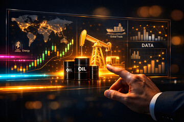 Fototapeta premium Digital oil market and global energy trade analytics concept. Person hand touching virtual interface showing oil barrels, pump jack, world map, and financial candlestick charts with data HUD.