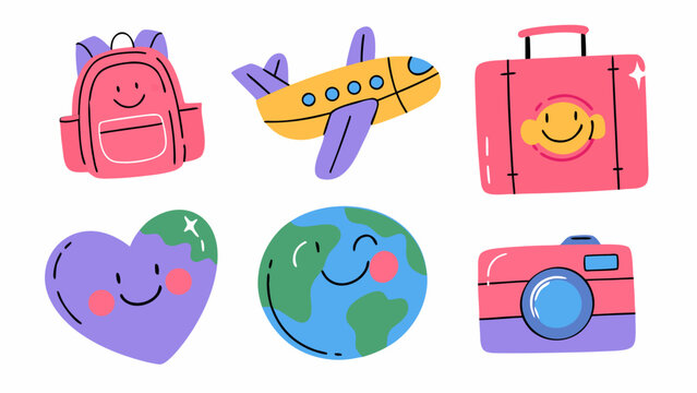 A colorful flat vector illustration set of travel and adventure icons, backpack with smile, airplane with heart, suitcase character, globe hugging hands, camera icon