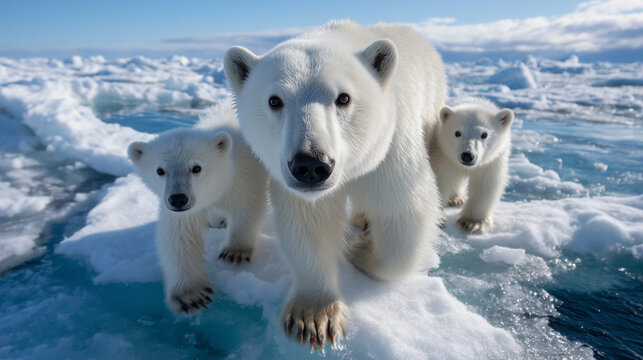 Polar bear mother with twin cubs navigates fractured sea ice beneath dramatic arctic sky, revealing vast open water between shrinking ice floes, climate change impact visible, perf