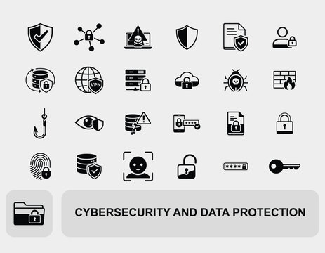Cybersecurity and data protection icon set, cybersecurity and data protection collection in black and white vector