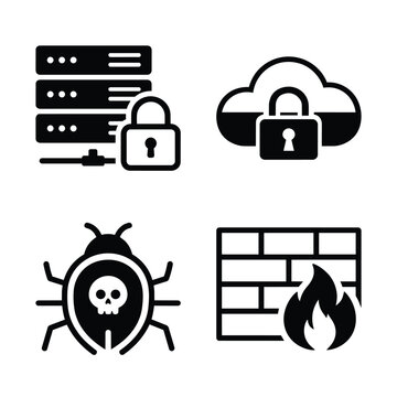 Cybersecurity and data protection icon set, black and white vector with server security, cloud security, malware bug and firewall security symbols