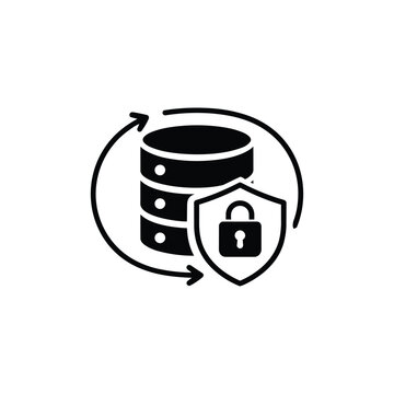 Secure database backup icon for cybersecurity and data protection, black and white secure database backup shield vector for data security